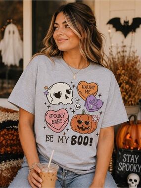 Gray Halloween Graphic Tee — "Be My Boo"